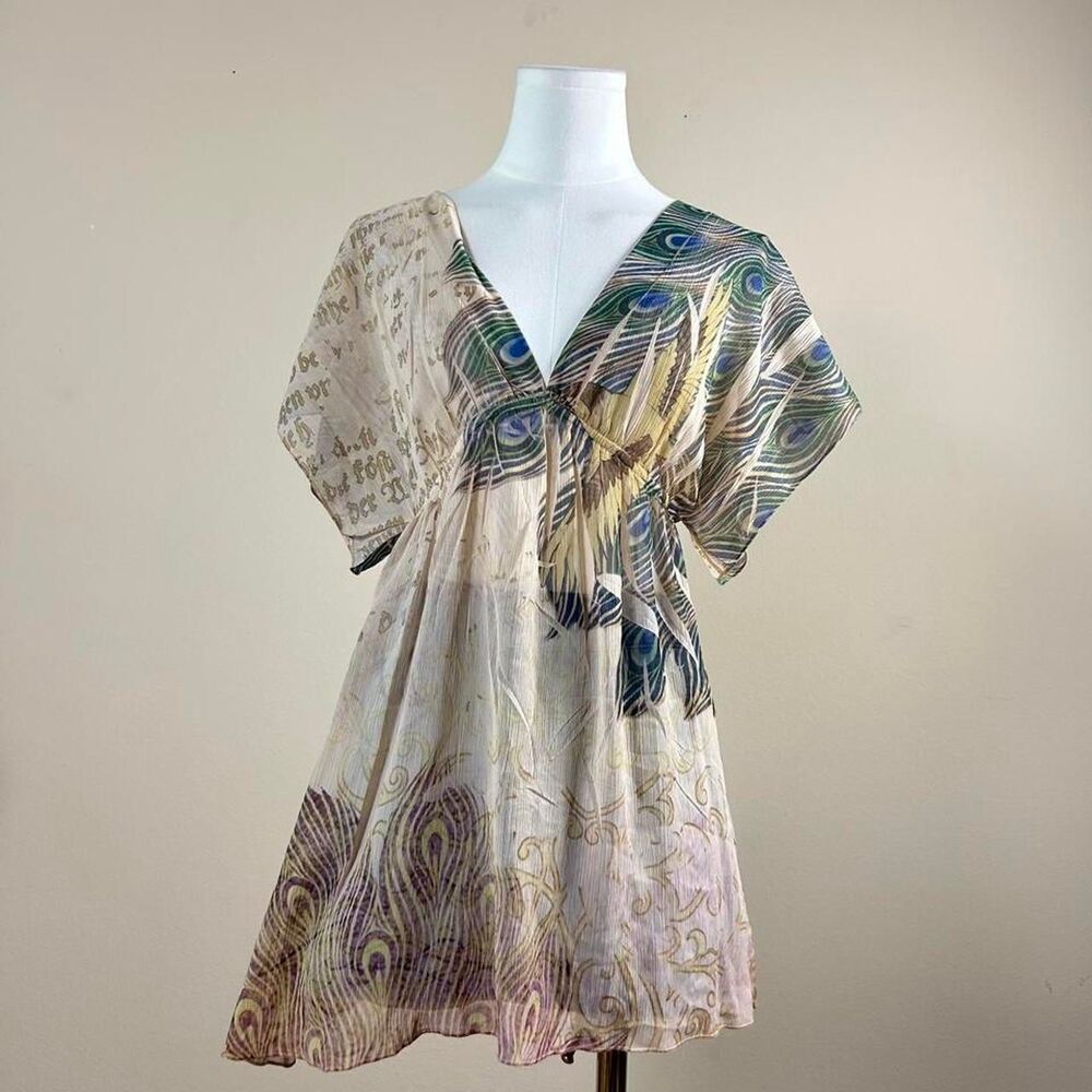 Twentyone Y2K Sheer Boho Fairy Bird Print Blouse